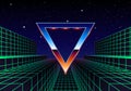 Synthwave frame with chrome triangle and 80s styled synthwave arcade game landscape.