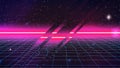 Synthwave Glitch Neon Background. Retro Future pink glowing, blue perspective Grid, starry sky. Retro Futuristic Synthwave party