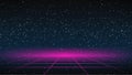 Synthwave grid Background. 80s Retro Future backdrop. Pink perspective grid on dark starry sky. Synthwave Fetro Futuristic party