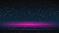 Synthwave grid Background. 80s Retro Future backdrop. Pink perspective grid on dark starry sky. Synthwave Fetro Futuristic party