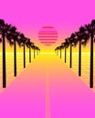 Synthwave illustration with dream road, grid and palms.