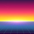 Synthwave illustration in 80\'s style with sunset, grid and gradient.