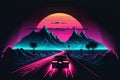 Synthwave magical landscape. The car is going down the road. Illustration in pink, black and blue colors. Royalty Free Stock Photo