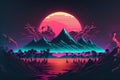 Synthwave magical landscape. Illustration in pink, black and blue colors. Graphics from the 80s. Royalty Free Stock Photo