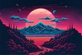 Synthwave magical landscape. Illustration in pink, black and blue colors. Graphics from the 80s. Royalty Free Stock Photo