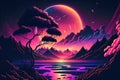 Synthwave magical landscape. Illustration in pink, black and blue colors. Graphics from the 80s. Royalty Free Stock Photo