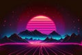 Synthwave magical landscape. Illustration in pink, black and blue colors. Graphics from the 80s. Royalty Free Stock Photo