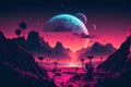 Synthwave magical landscape. Illustration in pink, black and blue colors. Graphics from the 80s. Royalty Free Stock Photo