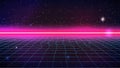 Synthwave Neon Background. Retro Futuristic Grid. 80s pink horizon, blue laser Grid, starry sky. Retro future Synthwave party