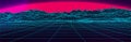 80s sunset. Synthwave landscape. Big sun. 3d wireframe computer surface. Retrowave style. Wide vaporwave background