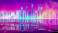 Synthwave pink retro city with the night sky. Digital city retro future illustration arcade background. Night city neon