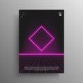 Synthwave poster. Glowing rhombus shape with laser perspective grid in starry space. Vivid layout for retrowave