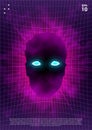 Synthwave poster. Head with glowing blue eyes in pink fog in space on distorted laser grid background. Vivid layout for