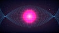 Synthwave Retro Background. Curved blue grid with pink glowing sun