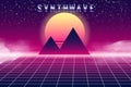 Synthwave retro banner vaporwave aesthetic background. Pyramids grid 3d, sunset 80 s retrowave Royalty Free Stock Photo