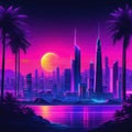 Synthwave retro cyberpunk style landscape background banner or Bright neon pink and purple