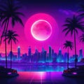 Synthwave retro cyberpunk style landscape background banner or Bright neon pink and purple