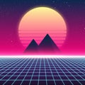 Synthwave retro design, Pyramids and sun, illustration