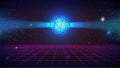Synthwave Retro Future background. Wireframe polyhedron with bright blue inside glow. 80s purple perspective grid starry sky. Royalty Free Stock Photo