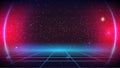 Synthwave Retro Future Grid background with pink round Neon glowing. 80s sci-fi style. 3d virtual wireframe landscape. Synthwave Royalty Free Stock Photo