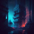 Synthwave retro landscape in 80s style with old factory in industrial city district and neon lights. Royalty Free Stock Photo
