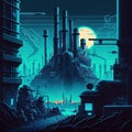 Synthwave retro landscape in 80s style with old factory in industrial city district and neon lights. Royalty Free Stock Photo