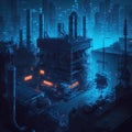 Synthwave retro landscape in 80s style with old factory in industrial city district and neon lights. Royalty Free Stock Photo