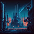 Synthwave retro landscape in 80s style with old factory in industrial city district and neon lights. Royalty Free Stock Photo