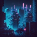 Synthwave retro landscape in 80s style with old factory in industrial city district and neon lights. Royalty Free Stock Photo