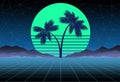 Synthwave and retrowave background template. Palms, sun and space in computer game. Retro design, rave music, 80s Royalty Free Stock Photo