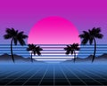 Synthwave and retrowave background template. Palms, sun and space in computer game. Retro design, rave music, 80s Royalty Free Stock Photo