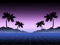 Synthwave and retrowave background template. Palms, sun and space in computer game. Retro design, rave music, 80s