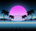 Synthwave and retrowave background template. Palms, sun and space in computer game. Retro design, rave music, 80s