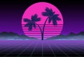 Synthwave and retrowave background template. Palms, sun and space in computer game. Retro design, rave music, 80s Royalty Free Stock Photo