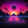 Synthwave and retrowave background template. Waporwave banner. 80\'s computer game wallpaper.