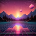 Synthwave and retrowave background template. Waporwave banner. 80\'s computer game wallpaper.