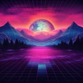 Synthwave and retrowave background template. Waporwave banner. 80\'s computer game wallpaper.