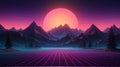 Synthwave and retrowave background template. Waporwave horizontal banner. 80\'s computer game wallpaper.