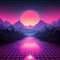 Synthwave and retrowave background template. Waporwave horizontal banner. 80\'s computer game wallpaper.