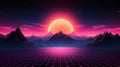 Synthwave and retrowave background template. Waporwave horizontal banner. 80\'s computer game wallpaper.