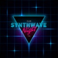 Synthwave retrowave triangle with blue and pink glowing on dark background with glowing blue laser grid. Design for