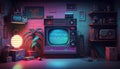 Synthwave 80s retro design. Detalied retro background style 80s. AI.