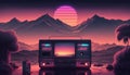 Synthwave 80s retro design. Detalied retro background style 80s. AI.