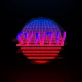 Synthwave style gradient sun with outer space starry and a laser grid inside, glitch effect. Retro 1980s style