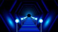 Synthwave styled corridor with blue lamps. Space station dock or club entry background for invitations and flyers. Sci