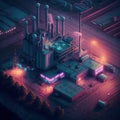 Synthwave styled factory with isometric view. Blue and purple industrial cityscape with neon lights. Generated AI.