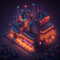 Synthwave styled factory with isometric view. Blue and purple industrial cityscape with neon lights. Generated AI.