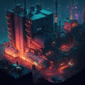 Synthwave styled factory with isometric view. Blue and purple industrial cityscape with neon lights. Generated AI.