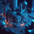 Synthwave styled factory with isometric view. Blue and purple industrial cityscape with neon lights. Generated AI.