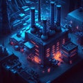 Synthwave styled factory with isometric view. Blue and purple industrial cityscape with neon lights. Generated AI.